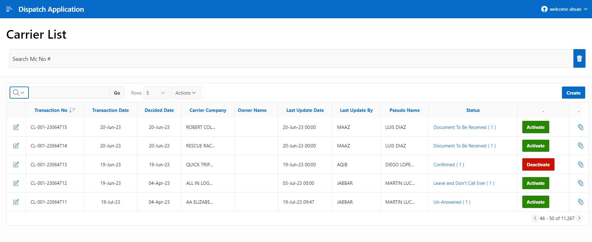 Dispatch Application Carrier List