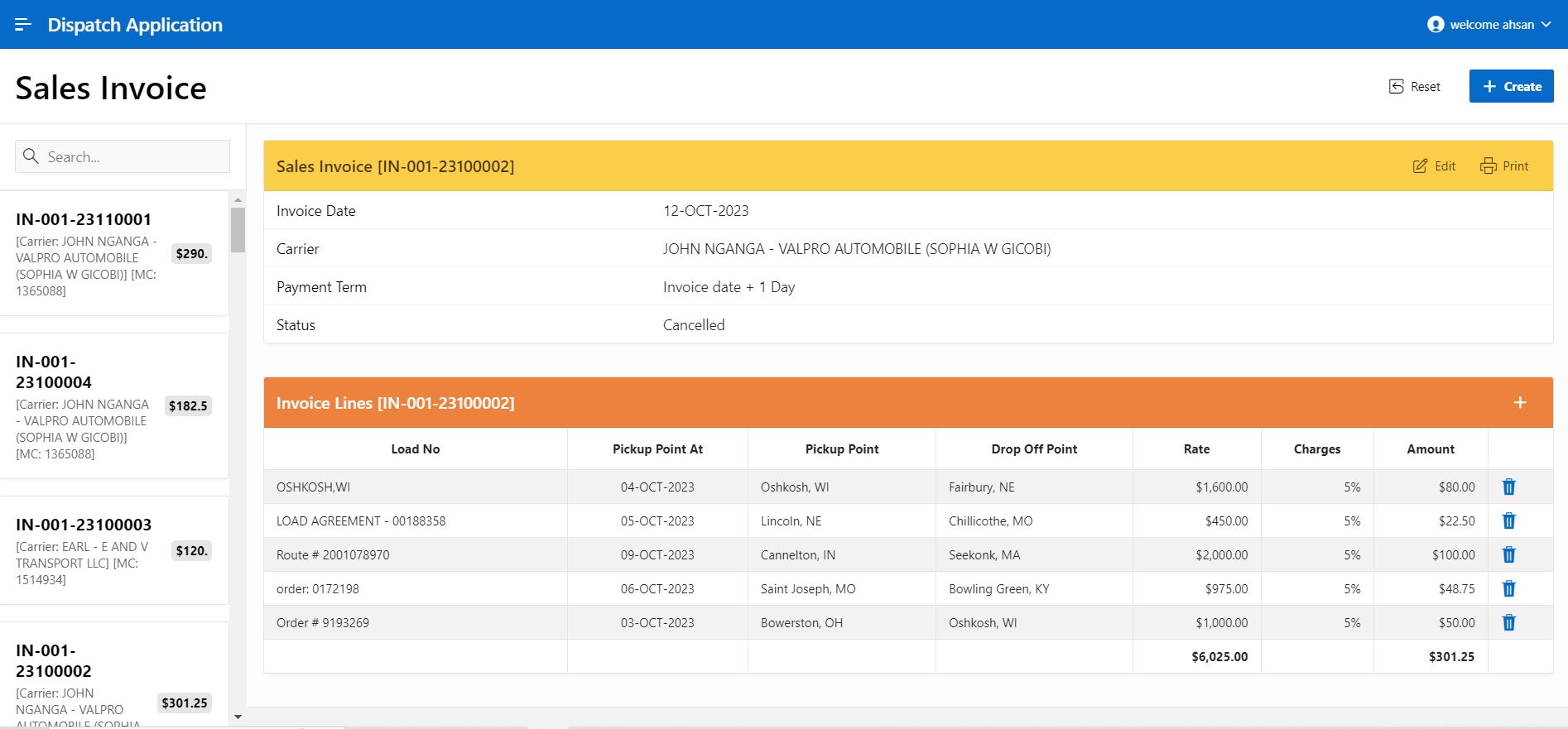 Dispatch Application Invoice Generation